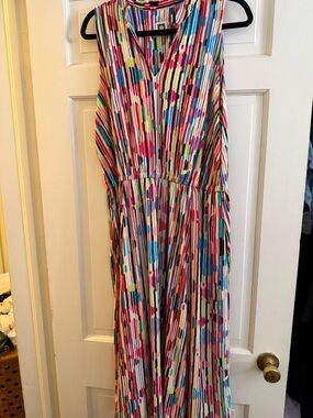 Anne Klein Multicolor Striped Floral-Print Sleeveless Maxi Dress